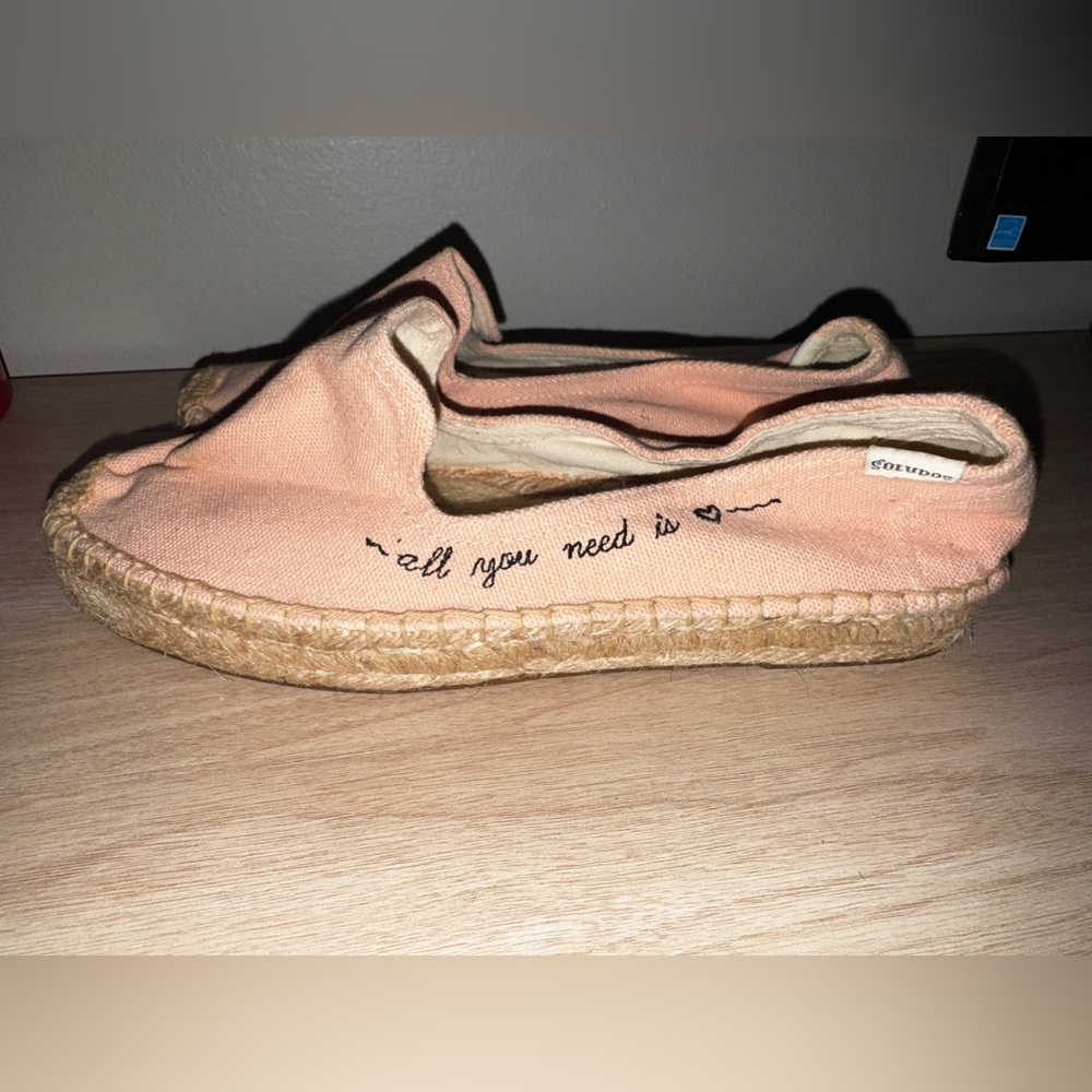 Soludos Peach Canvas Espadrille Slip-Ons with Script Detail
